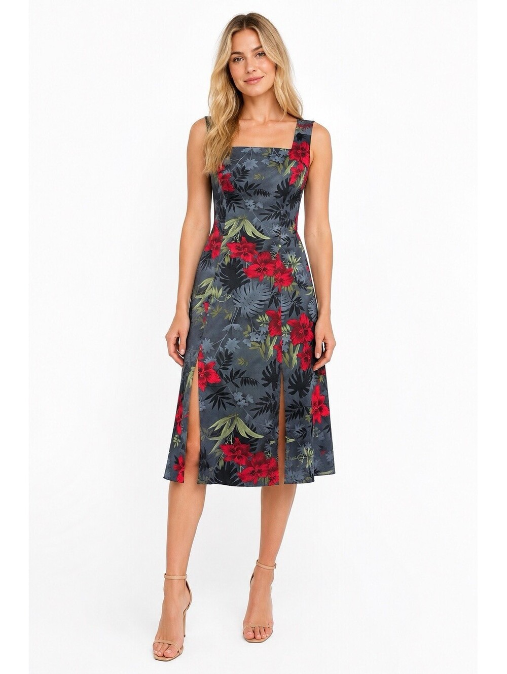 Caribbean Joe Hawaiian‎ Gray Black Red Floral Square Neck Sheath Dress Medium